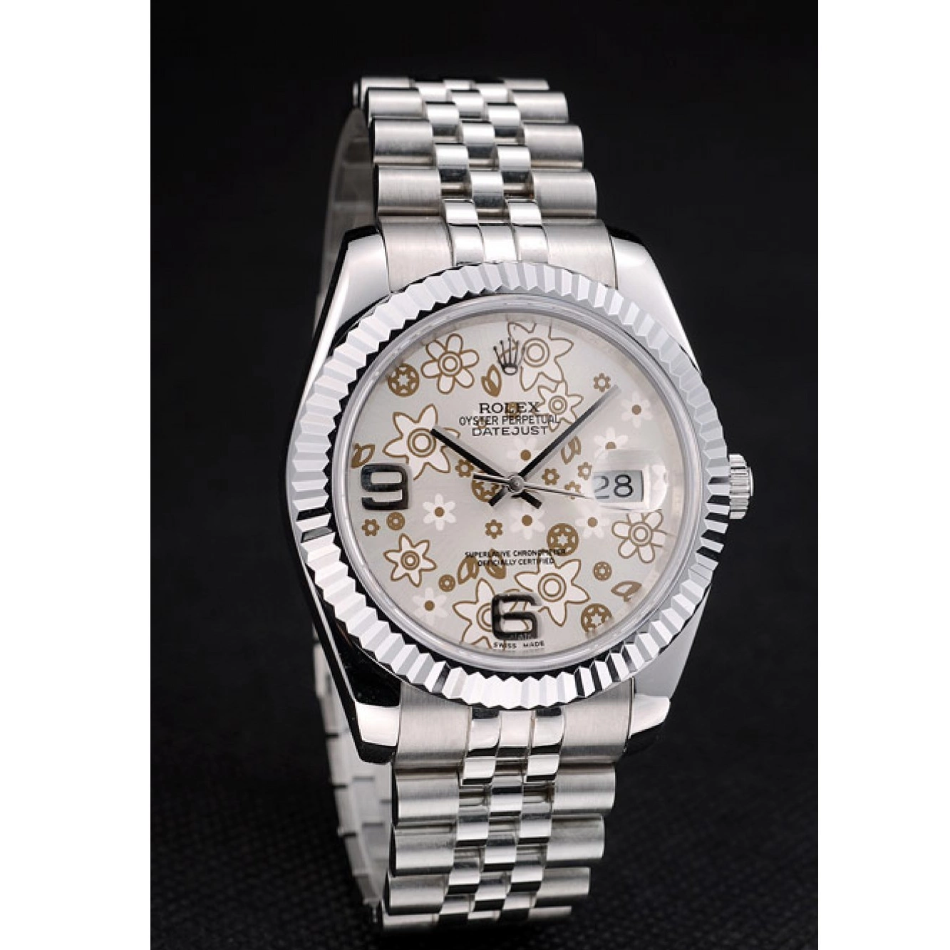 MiroTime 0718 Rolex Swiss DateJust Stainless Steel Ribbed Bezel Flower Silver Dial 42001